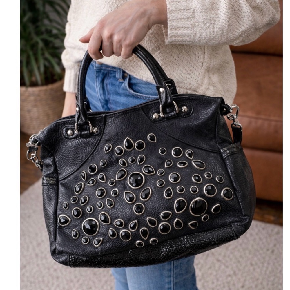 Kathy Van Zealand Y2K Black Studded Gem-Embellished vegan leather Satchel